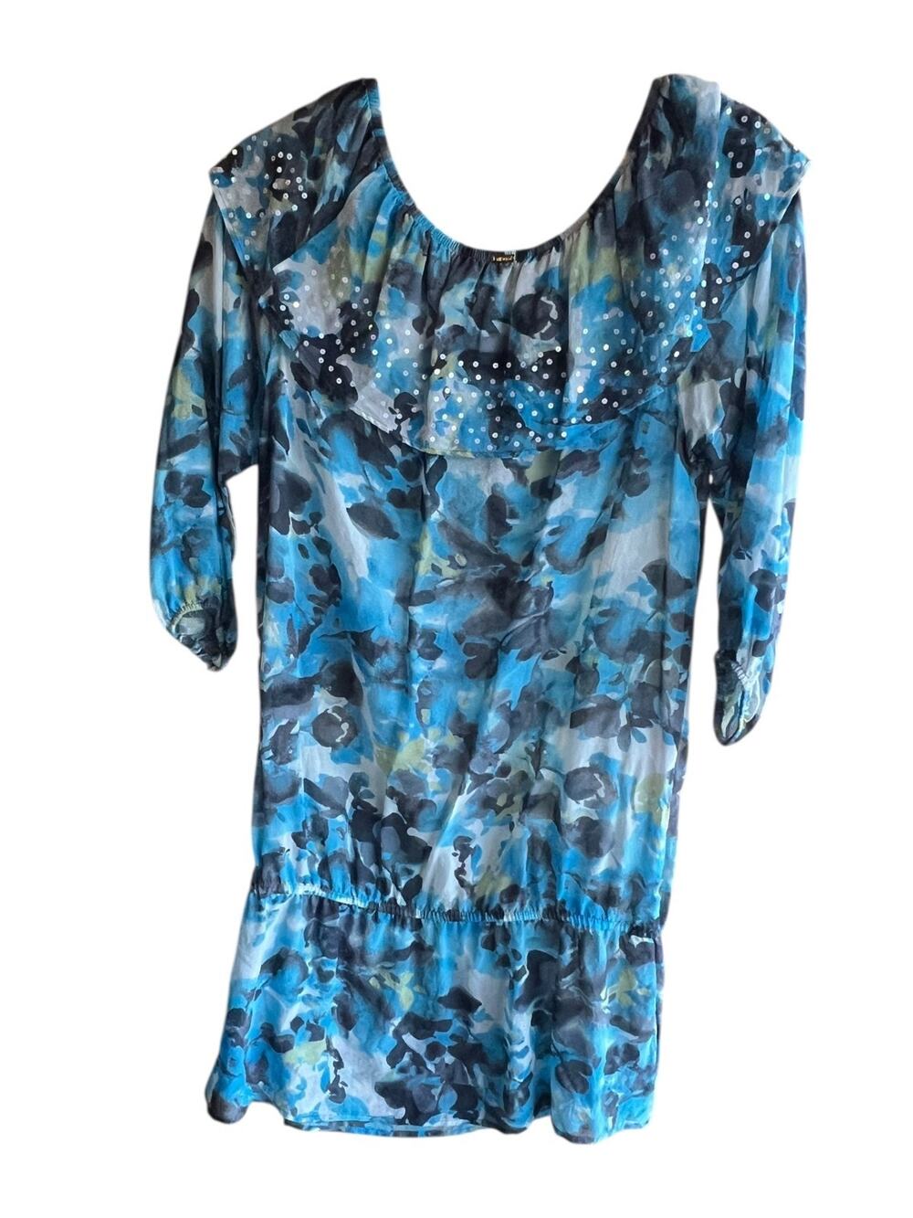 St. John Women's Small Silk Off The Shoulder Cover Up Abstract Dress Tunic Blue